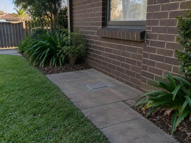 Paved side path beside a brick house with a capped access cover and tidy landscaping in Collaroy